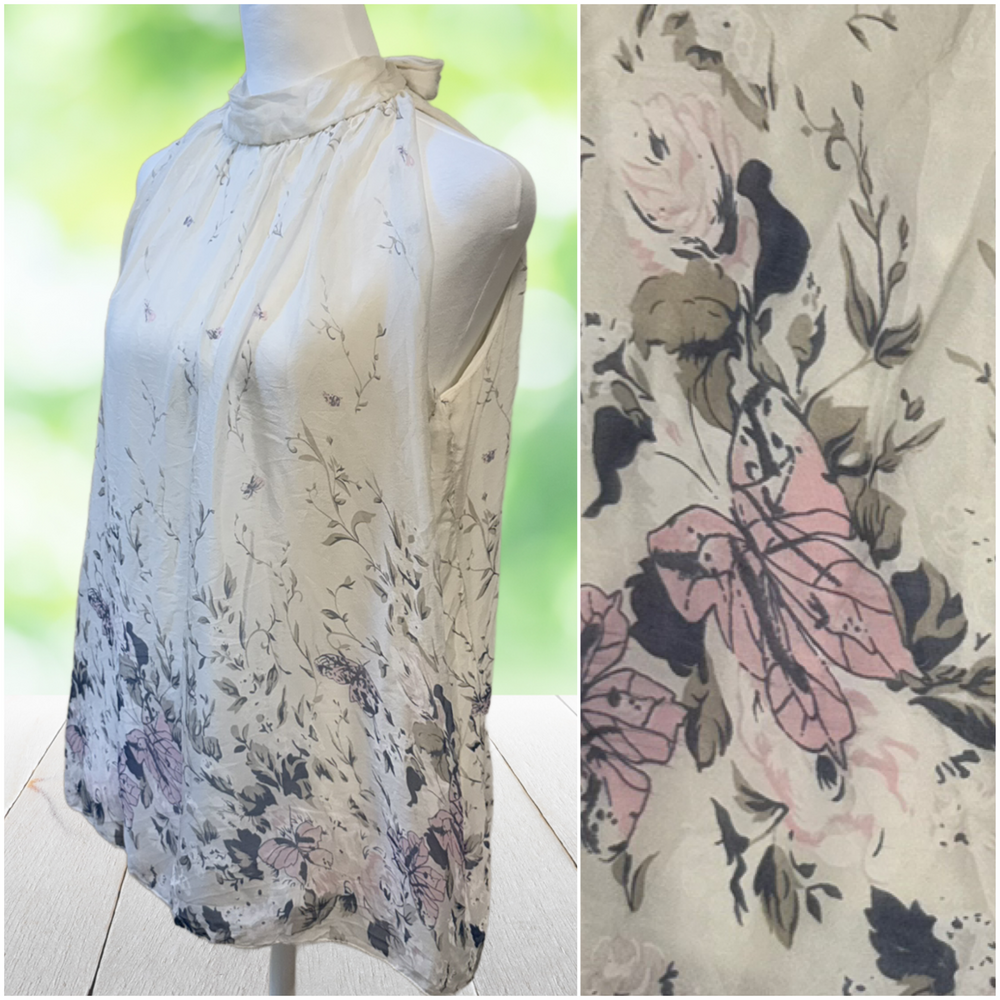 Vintage VIA SIGNORIA Silk Top Floral Butterfly Halter Boho Made Italy Size L